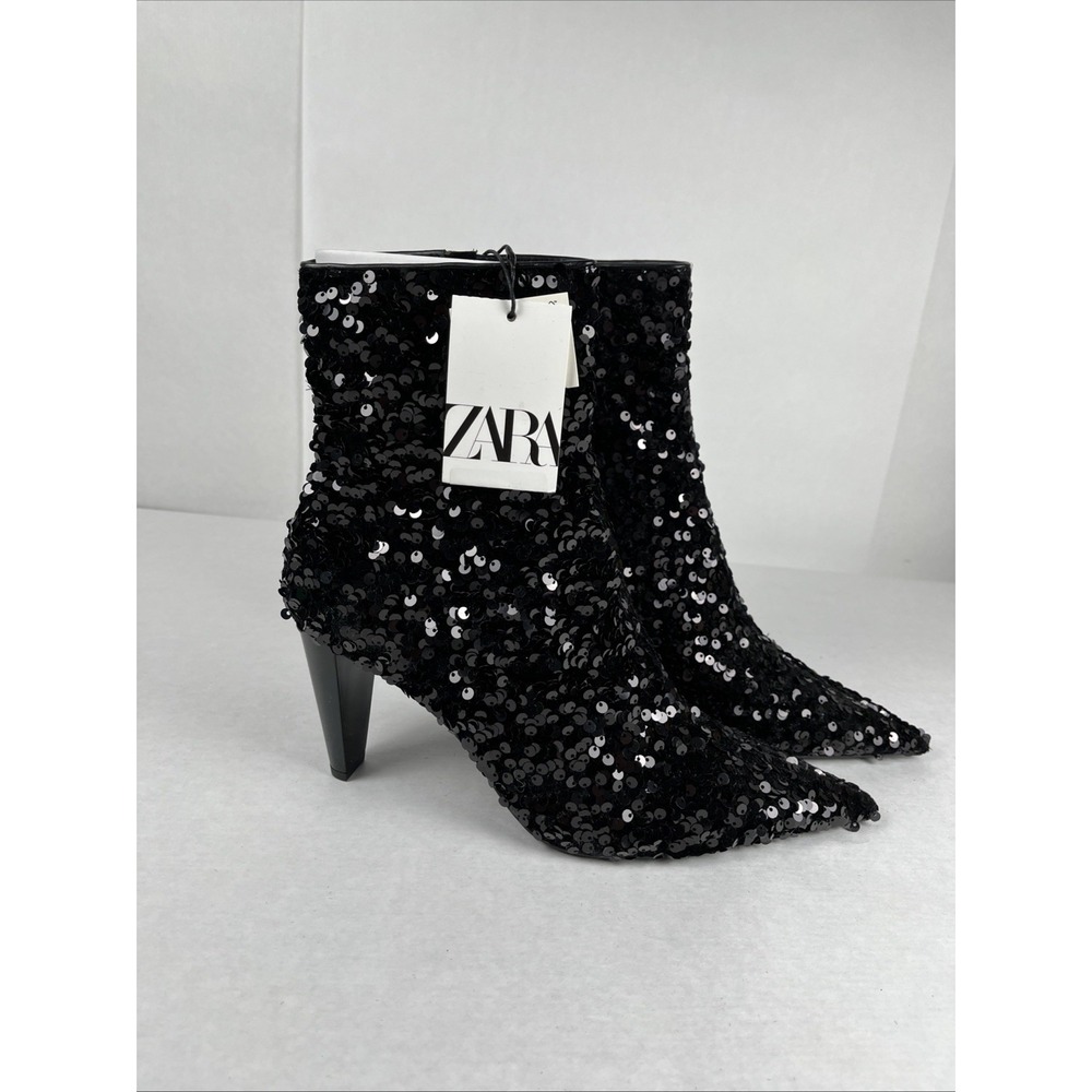 Zara Black Sequin Pointed-Toe Ankle Boots